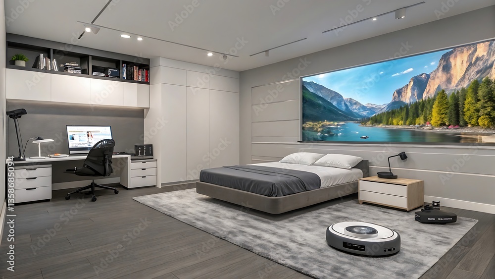 Poster smart bedroom with a built in projection system for immersive visuals modular smart furniture, and a