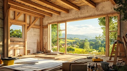 Fototapeta premium Construction site for a country house, partially built structure with wooden beams, surrounded by tools and blueprints, lush countryside visible beyond. 