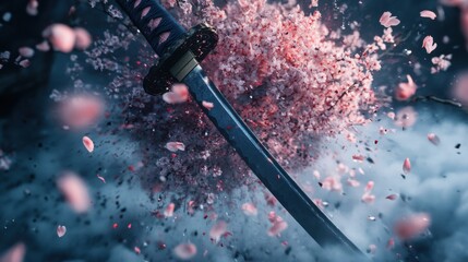 A sword surrounded by flying cherry blossom petals, creating a dynamic and artistic visual effect.