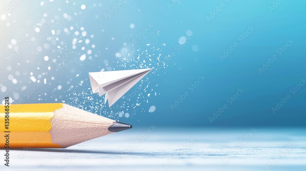 Poster pencil with paper icon stylized pencil icon with a paper airplane emerging from the tip, dynamic bac
