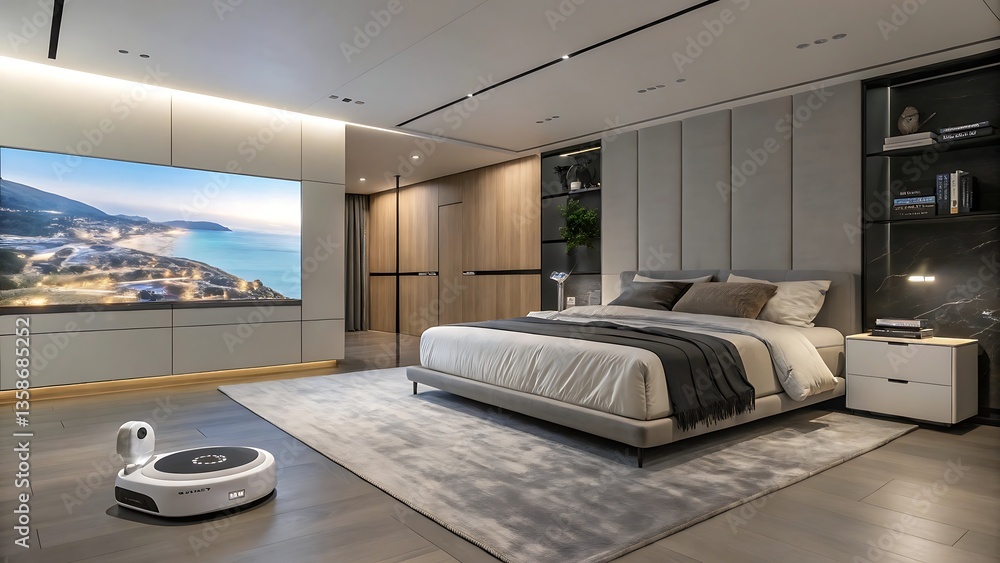 Poster smart bedroom with a built in projection system for immersive visuals modular smart furniture, and a