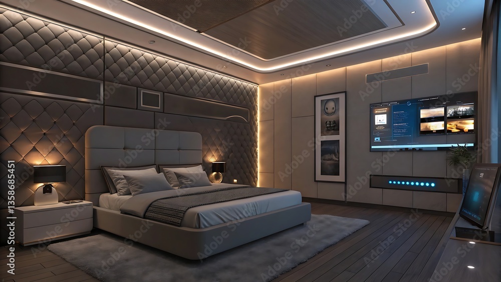 Poster smart futuristic bedroom with layered ambient lighting, soft padded walls and a digital photo frame 