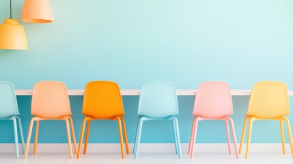 Obraz premium Modern Classroom with Desks and Chairs Bright and airy modern classroom with colorful desks and chairs, natural light, clean and organized space