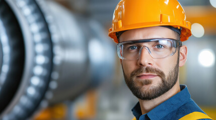 Man wearing orange safety helmet and protective glasses in industrial environment with machinery background. Workplace safety concept for construction industry recruitment