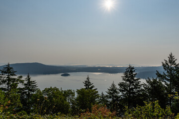 Aerial panoramic view of Saanich Inlet in Vancouver Island British Columbia Canada