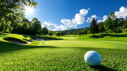 Golf ball on green with sunny course.