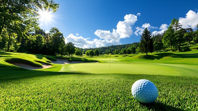 Golf ball on green with sunny course.