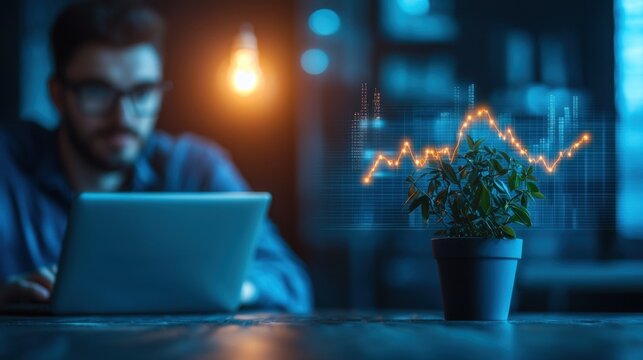 Investment and Strategy Group of business professionals discussing investment strategies, modern office setting with a large screen displaying financial data, represents collaborative decision making