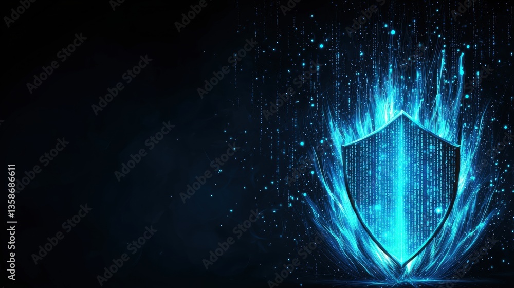 Poster security firewall and shield icon blue shield icon with a digital firewall graphic, dark background 