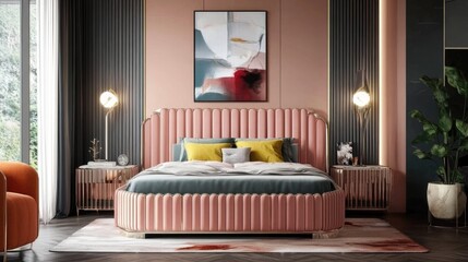 A modern and elegant children's bed in pastel pink with a durable safety fence and stylish wooden frame.