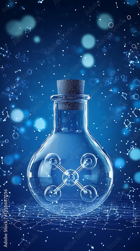 Poster A Glass Bottle Containing a Molecular Structure in a Futuristic Blue Setting