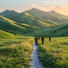 Fototapeta premium Hiking Group in Colorful Mountain Landscape