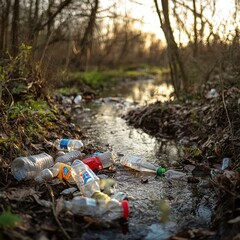 Obraz premium A Chilling Image of Plastic Waste and Bottles Littering a Natural Stream in a Forest, Highlighting the Impact of Pollution on Ecosystems and Wildlife Habitats