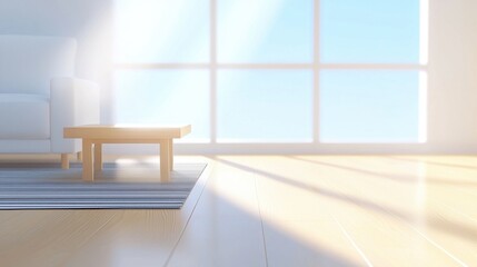 Fototapeta premium Living room Scandinavian Design Minimalist Scandinavian living room with a white sofa, a black and white rug, and a simple coffee table, light wood flooring and natural light