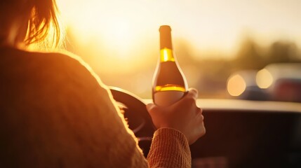 A young woman holds a wine bottle in one hand while gripping the steering wheel with the other, capturing the risks of reckless driving as sunset glows in the background