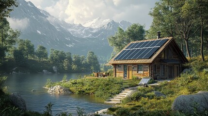 Fototapeta premium Photorealistic 3D render of a wooden home with roof-mounted solar panels, showcasing energy-efficient architecture in a tranquil natural setting. 