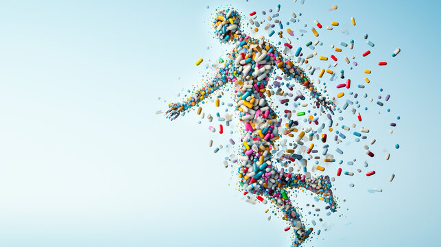 Human made of Pills: A dynamic artistic rendition captures a human figure formed entirely from colorful pills, floating against a serene blue backdrop, suggesting themes of health, medicine.