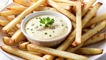 Delicious french fries with aromatic garlic sauce.