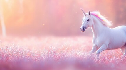 Cute Animals with Rainbow Unicorn with a rainbow mane and tail, galloping through a field of flowers, magical and dreamy