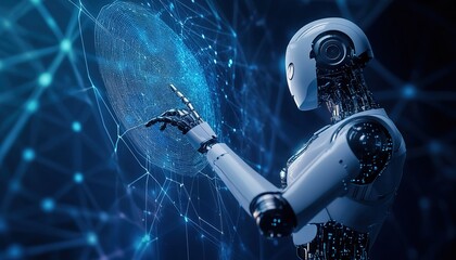 AI Robot Interacting with a Digital Hologram – A Futuristic Representation of Machine Learning, Big Data, and Artificial Intelligence Technology