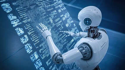 AI Robot Interacting with a Digital Hologram – A Futuristic Representation of Machine Learning, Big Data, and Artificial Intelligence Technology