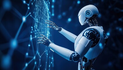 AI Robot Interacting with a Digital Hologram – A Futuristic Representation of Machine Learning, Big Data, and Artificial Intelligence Technology