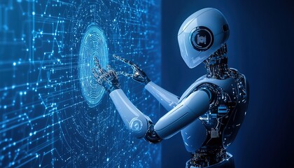 AI Robot Interacting with a Digital Hologram – A Futuristic Representation of Machine Learning, Big Data, and Artificial Intelligence Technology