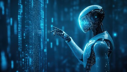 AI Robot Interacting with a Digital Hologram – A Futuristic Representation of Machine Learning, Big Data, and Artificial Intelligence Technology