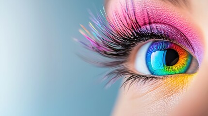 Rainbow Eye Makeup Art Close up of an eye with rainbow colored eyeliner and mascara, bold and expressive, suitable for a Pride event or festival