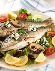Freshly baked hake fish with mushrooms, tomatoes and blue cheese on salad