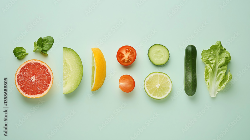 Poster fresh produce array: a colorful array of fresh produce including citrus, vegetables, arranged in a v