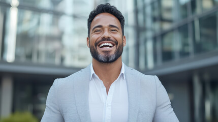 confident young professional smiling in modern urban setting, showcasing success and positivity