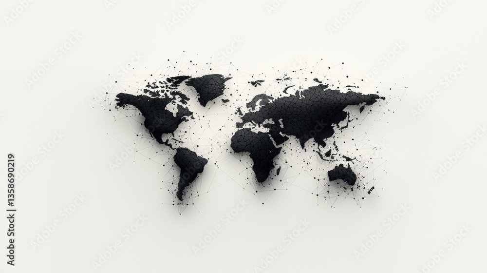 Poster global network nodes connection network of interconnected nodes spanning across a world map, represe
