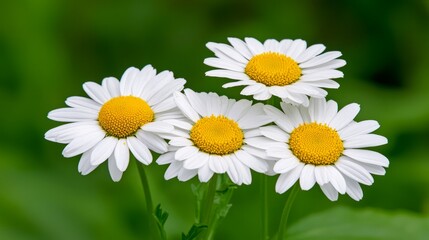 Obraz premium Closeup Of Four White Flowers With Yellow Centers Against A Green Background