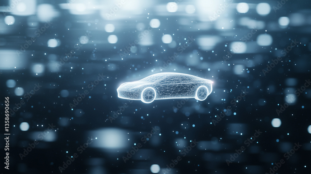 Poster digital car transformation: a futuristic and sleek car floats within a dynamic digital environment, 