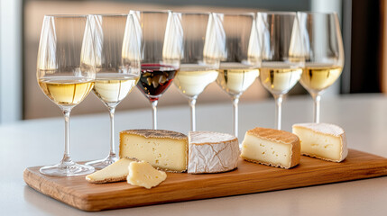 Elegant wine and cheese pairing with various textures and flavors, perfect for tasting