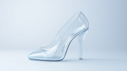 Crystal Dreams: A solitary transparent glass slipper, elegantly crafted, gleaming against a subtle backdrop, evoking fairy tales and enchantment.