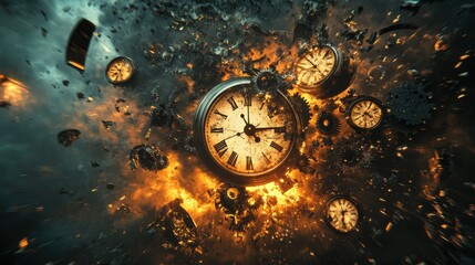 An explosive scene featuring multiple clocks in a chaotic, surreal setting, symbolizing the concept of time and its tumultuous nature.