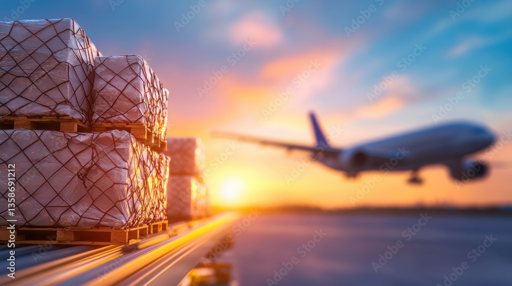 Poster logistic air freight workers loading cargo onto a plane using a conveyor belt, emphasizing speed and
