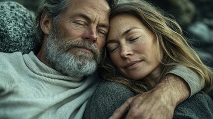 Couple embracing on rocky beach, serene atmosphere