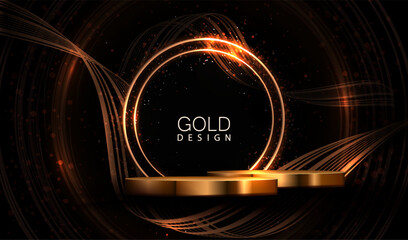 Composition with a golden podium, a round frame and wavy ribbons.
