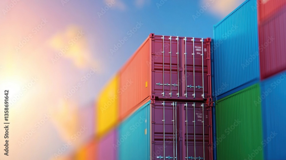 Poster logistic cargo ship at sea close up of containers stacked on a cargo ship deck, focus on the scale a