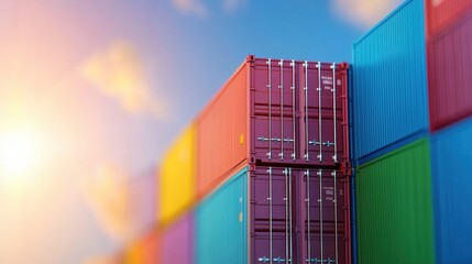 logistic Cargo Ship at Sea Close up of containers stacked on a cargo ship deck, focus on the scale and complexity of container shipping