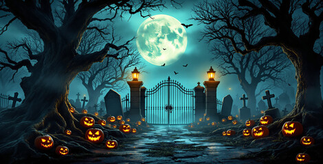 Haunted graveyard with glowing jack-o'-lanterns, twisted trees, full moon, and wrought iron gate under eerie misty night sky. Ai generative