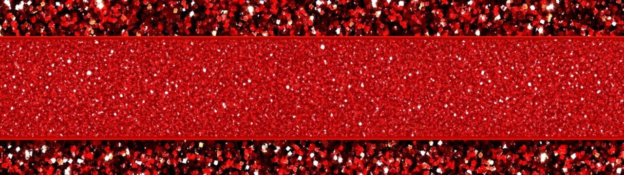 A sparkling red glitter banner set against a darker background