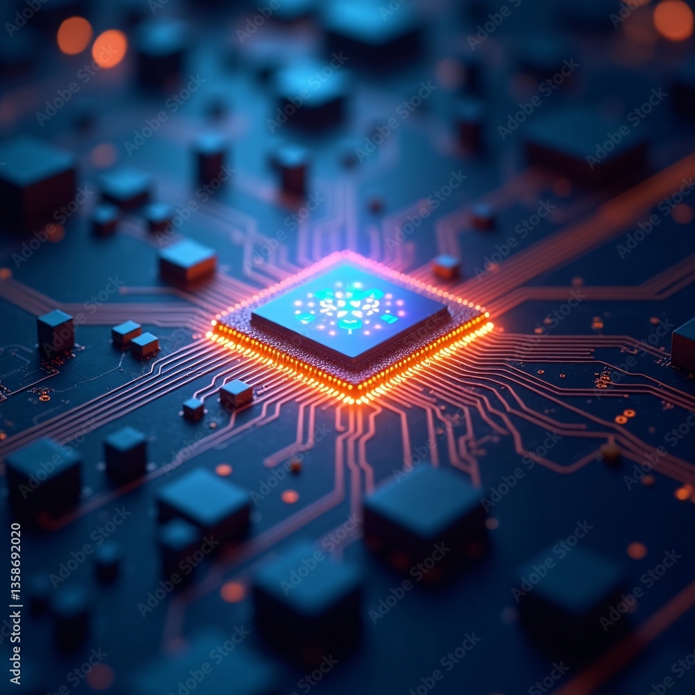 Poster close-up of a glowing circuit board with a central processor