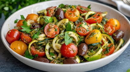 Fresh zucchini noodle salad with vibrant cherry tomatoes and herbs
