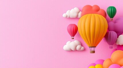 Colorful Hot Air Balloons And Fluffy Clouds On Pink Backgrounds