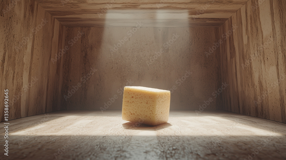 Poster spotlight on simplicity: a singular cube stands alone in a rustic wooden room, its geometric form el