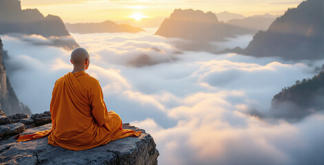 Fototapeta premium Buddhist monk in orange robe meditates on rocky mountain peak above clouds with sunrise in background, symbolizing peace, spirituality, and mindfulness. Ai generative